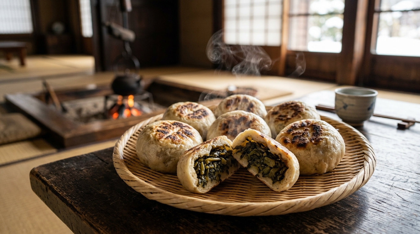 信州安曇野の名物おやき（野沢菜・香ばしい焼き目と囲炉裏の風景）